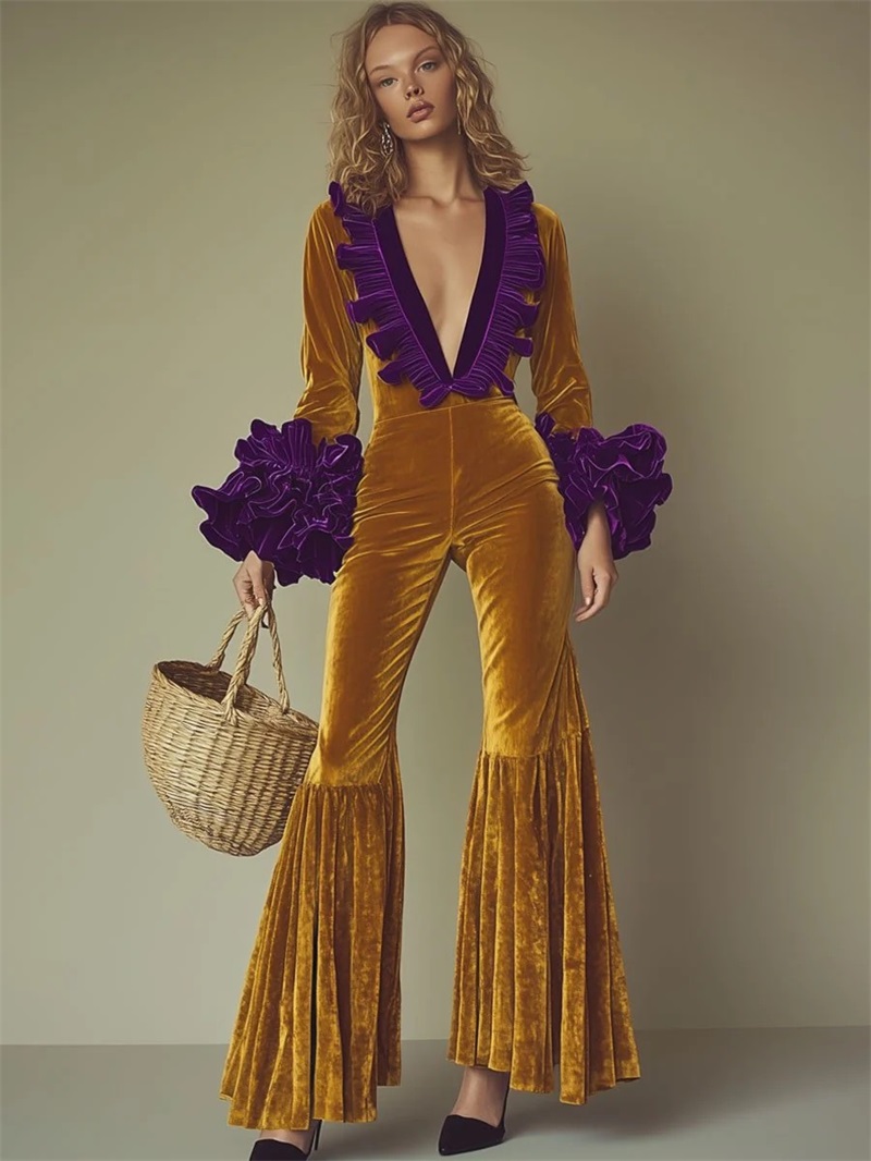 Women'S Formal Wear For A Wedding Guest - Yellow Purple Velvet Women Jumpsuit Sexy